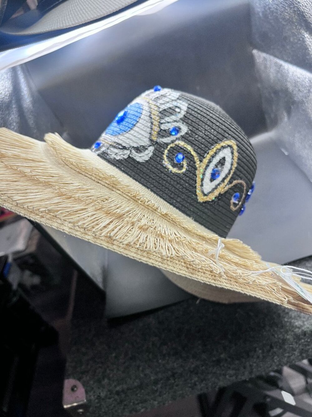 Custom Made Hand-Painted Evil Eye Raffia Sun Hat with Blue Rhinestones